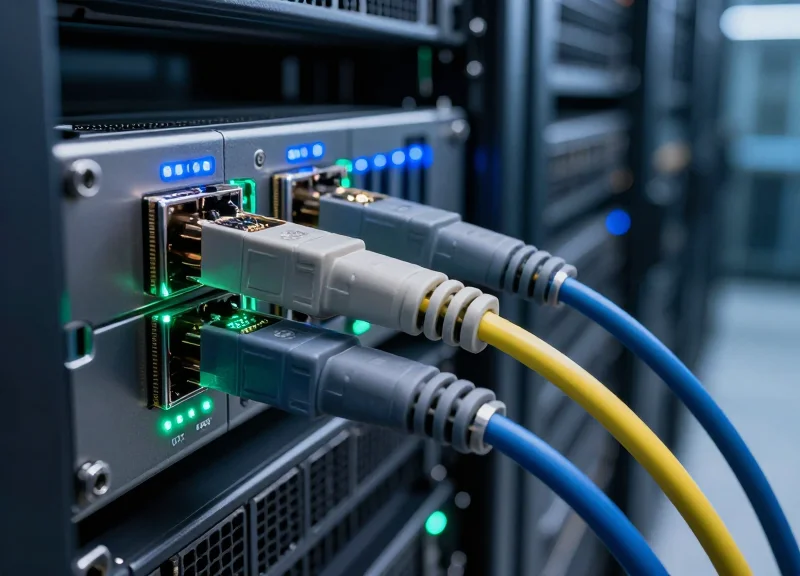 Close-up of high-speed Active Optical Cable connectors plugged into a high-density server rack with glowing LED indicators in a modern data center.