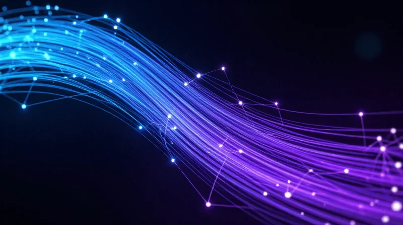 Abstract representation of high-speed 800G data flow with glowing light trails and digital data streams.