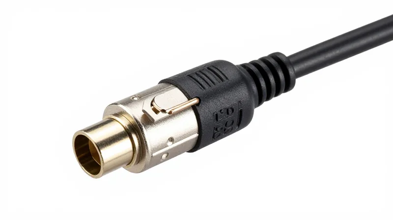 Close-up studio shot of a high-quality 800G Direct Attach Copper cable connector and its thick shielded wiring.