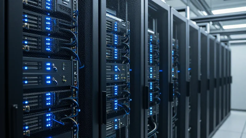 A realistic view of a high-density AI data center with organized high-speed cabling connecting server racks.