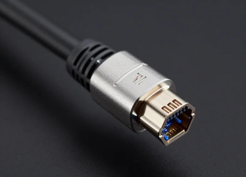 A close-up, high-resolution product shot of a professional 800G DAC cable connector with a metallic finish and thick cabling against a dark, tech-themed background.