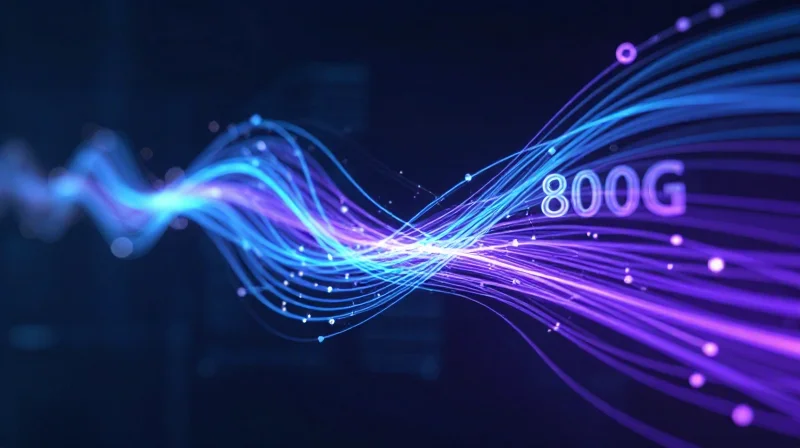The Shift to 800G: Meeting the Demands of Next-Gen Computing Abstract visualization of high-speed 800G data flow with glowing neon light trails and digital nodes.