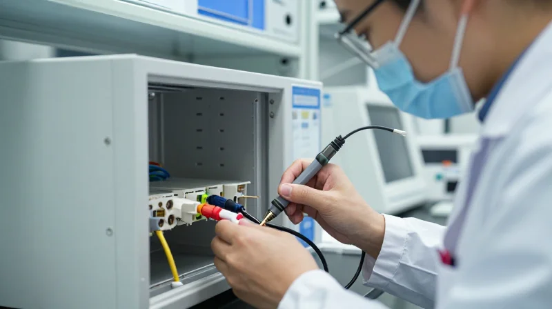 Rigorous Testing and Quality Assurance Protocols A technician performing signal integrity tests on a network cable in a professional laboratory.