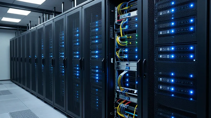 Application Use Cases: From AI Clusters to Cloud Core A high-density server rack environment representing an AI computing cluster with 800G interconnects.