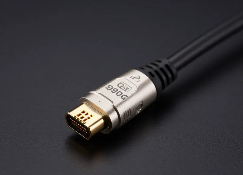 A close-up professional studio shot of a high-speed 800G DAC networking cable with sleek metallic connectors on a dark minimalist background.