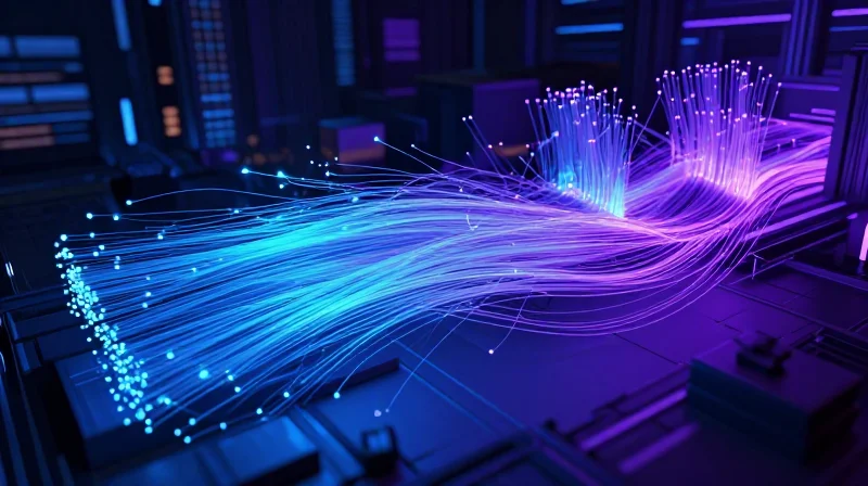 The Rise of 800G Connectivity in Modern Data Centers Abstract visualization of 800G high-speed data streams in a modern cloud computing environment.