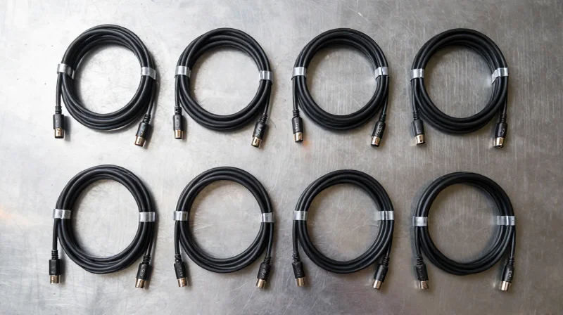 Maximizing ROI with Wholesale 800G DAC Procurement A top-down flat lay view of multiple 800G DAC cables neatly organized for bulk inventory.