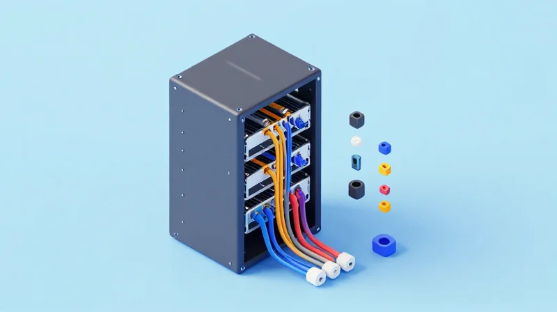 Custom OEM/ODM Services for Tailored Network Solutions Isometric 3D illustration showing modular network components being customized for a data center.