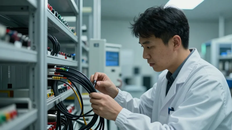 Quality Control Standards in High-Speed Cable Manufacturing A technician inspecting high-speed networking cables in a cleanroom manufacturing facility.