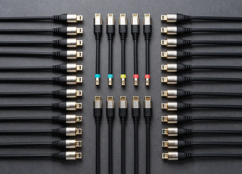An organized flat lay of multiple high-speed 800G DAC networking cables with sleek black connectors on a clean industrial surface, representing wholesale and bulk supply.