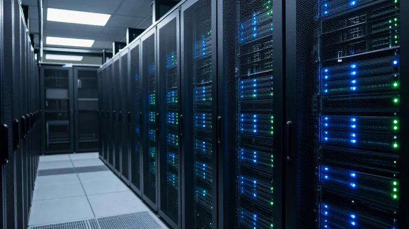 Photorealistic view of a modern high-performance data center corridor
