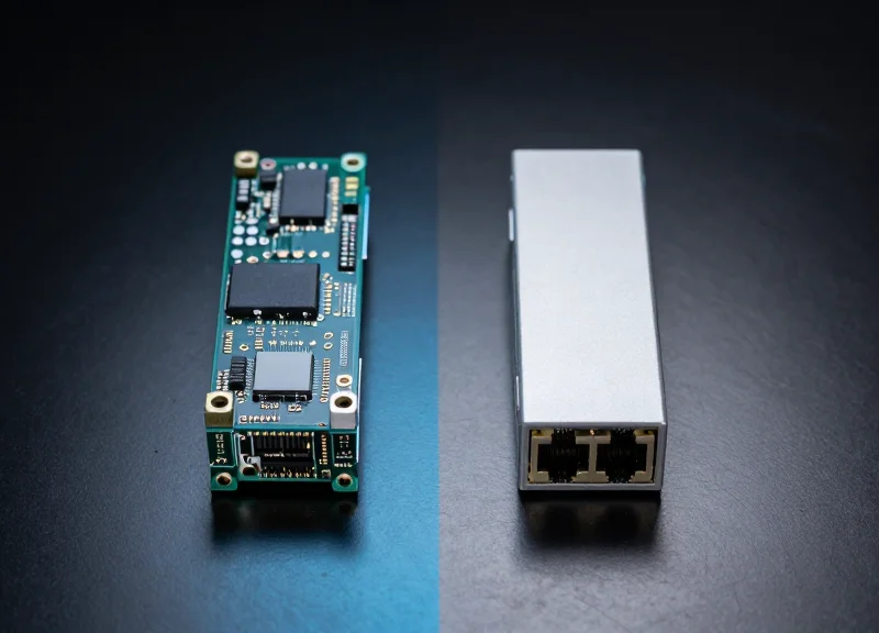 A side-by-side professional comparison of two high-tech optical networking modules on a sleek dark surface with contrasting cinematic lighting.