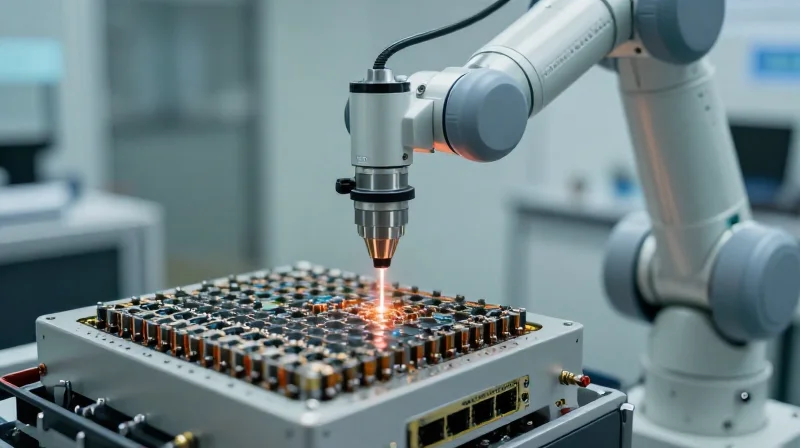 Built for Reliability: Mission-Critical Quality Assurance Close-up photorealistic shot of a robotic arm performing quality testing on high-speed optical components.