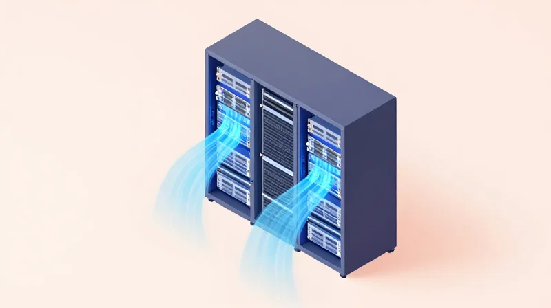 Optimizing Power Consumption in High-Density Environments Isometric 3D illustration of a server rack with thermal management and cooling airflows.