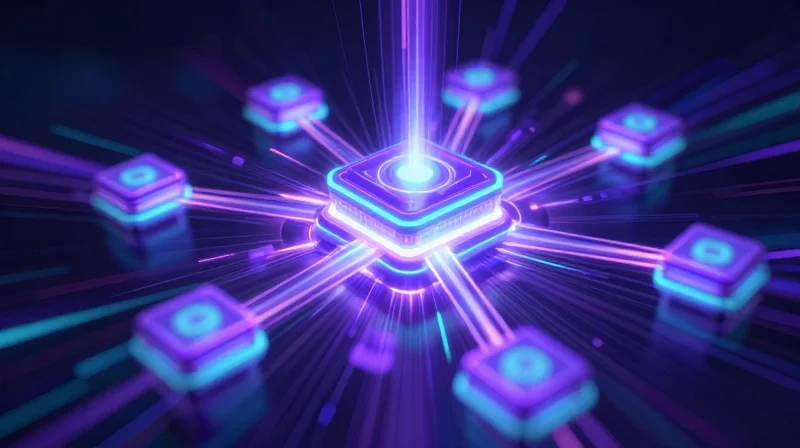 Accelerating AI and Edge Computing Performance Abstract digital art showing high-speed light trails accelerating data for AI and edge computing.