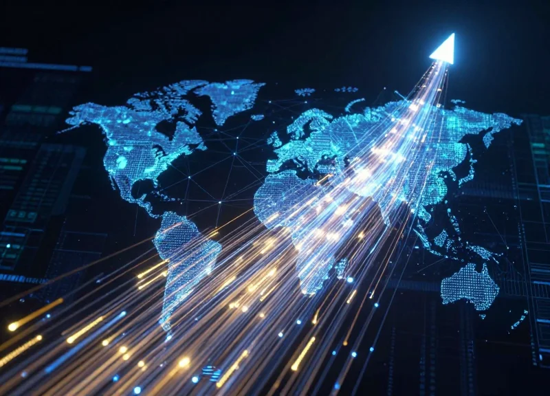 A futuristic abstract visualization of high-speed 1.6T data transmission showing glowing fiber optic streams and interconnected network nodes in a dark digital environment.