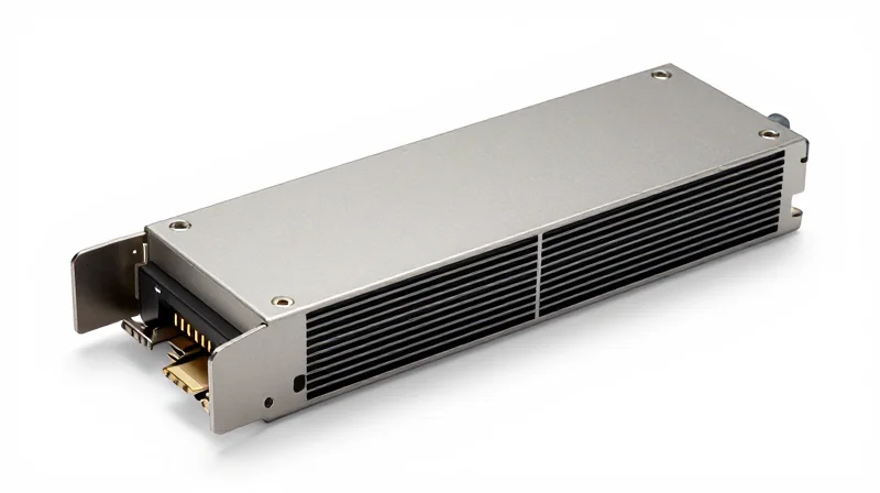 Technical Specifications of 1.6T Evolution Modules Close-up of a high-tech optical transceiver module showing hardware details and internal circuitry without text.