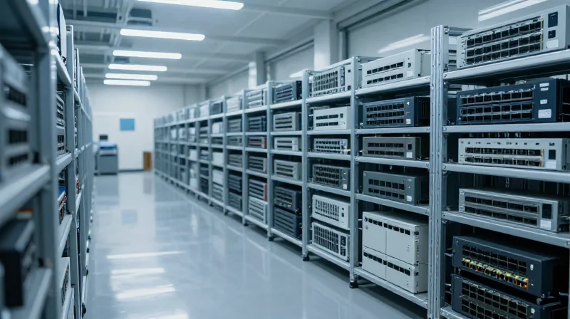 Supply Chain Stability: Avoiding Bottlenecks in 1.6T Deployment High-tech warehouse environment showing the logistics and storage of advanced networking equipment.
