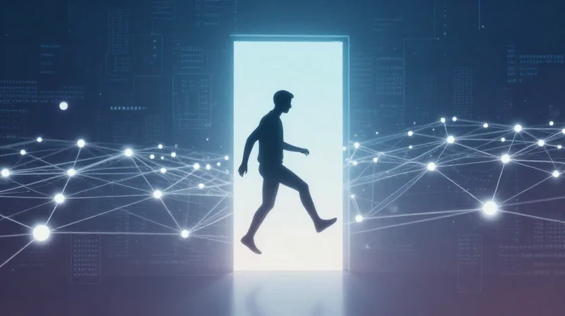 Future-Proofing Your Infrastructure with 1.6T Evolution Artistic illustration of a person stepping into a bright, infinite digital horizon representing long-term technological readiness.