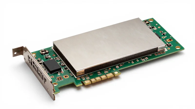 The Compute Core: GPU Clusters and Accelerators High-end GPU accelerator module with a large metallic heatsink and detailed PCB.