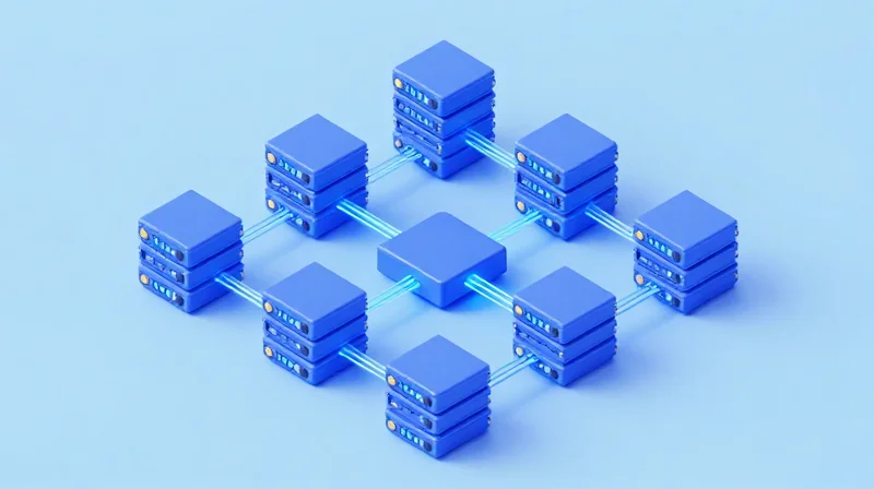 Non-Blocking Networking Fabrics 3D isometric illustration of a hierarchical network fabric with interconnected nodes.