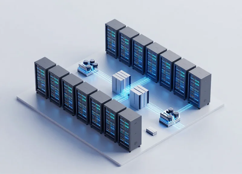 A detailed isometric 3D illustration of a modern AI data center infrastructure featuring rows of glowing server racks, interconnected cooling systems, and digital light trails representing data flow.