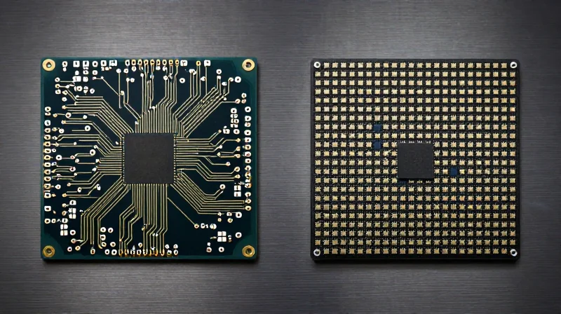 Side-by-side comparison of CPU and GPU processor architectures represented by circuit board patterns.