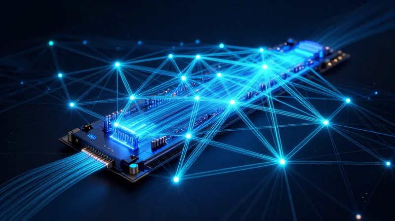 Abstract visualization of a high-speed low-latency network backplane with glowing fiber optics.