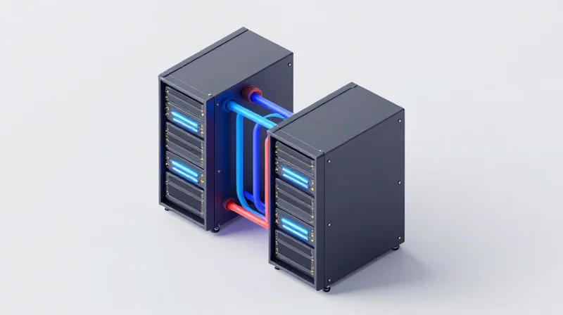 Isometric 3D illustration of a high-density AI server rack with liquid cooling tubes and glowing components.