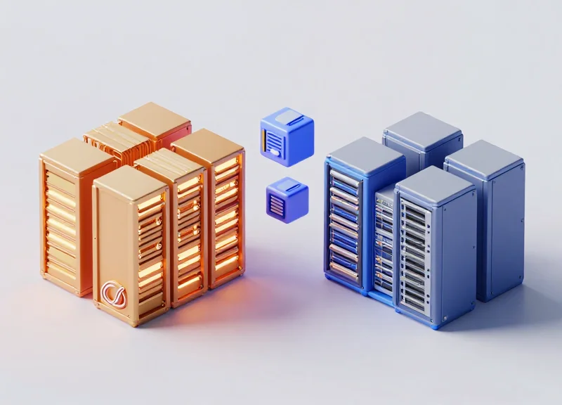 Isometric 3D illustration showing two different server rack architectures side by side, illustrating a comparison between AI-optimized and traditional data center designs.