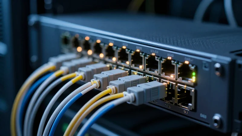 Maximizing Throughput with High-Speed Interconnects Professional macro photography of high-speed fiber optic cables and transceivers in a data center rack.