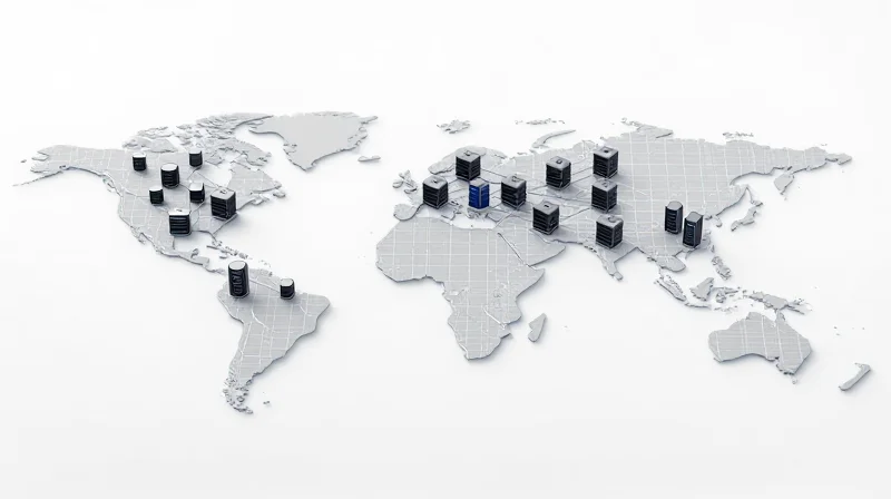 Scalability and Future-Proofing Global Networks 3D isometric model showing the expansion of data center nodes across a global grid.