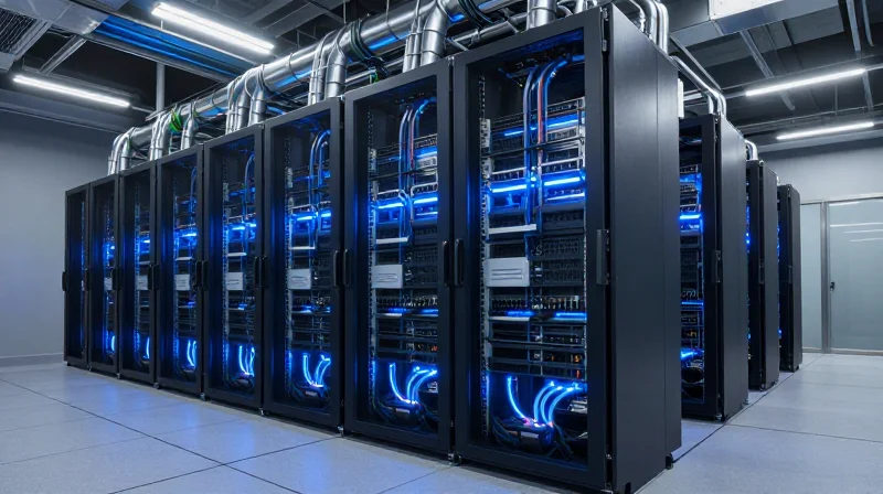 Thermal Management and Energy Efficiency Modern data center interior featuring advanced liquid cooling tubes and server racks.
