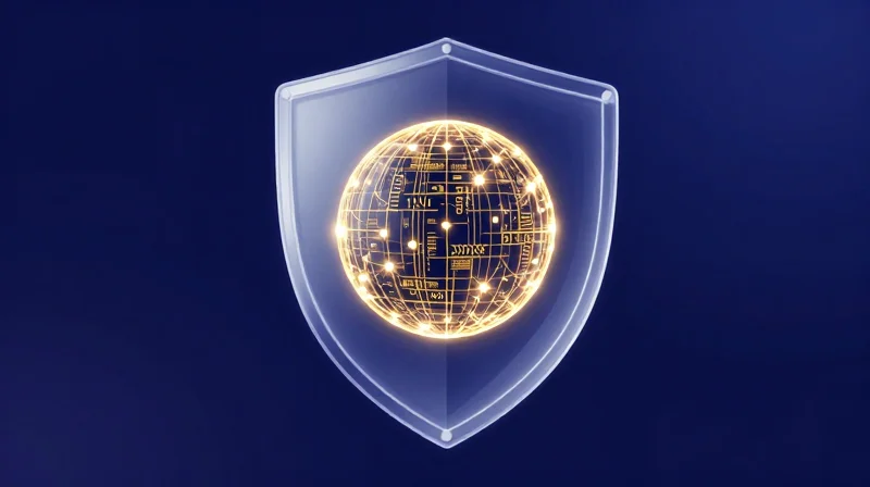 Security and Compliance in the AI Era Conceptual illustration of a digital shield protecting a network of data nodes.