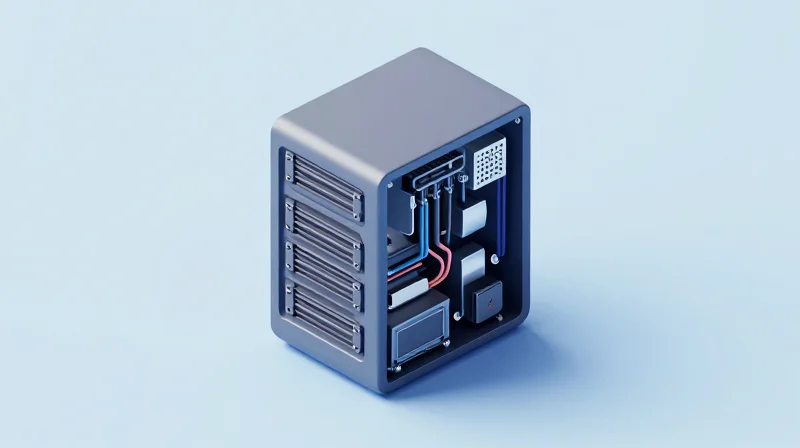 Isometric 3D model of a customized modular AI server rack with interconnected hardware components.