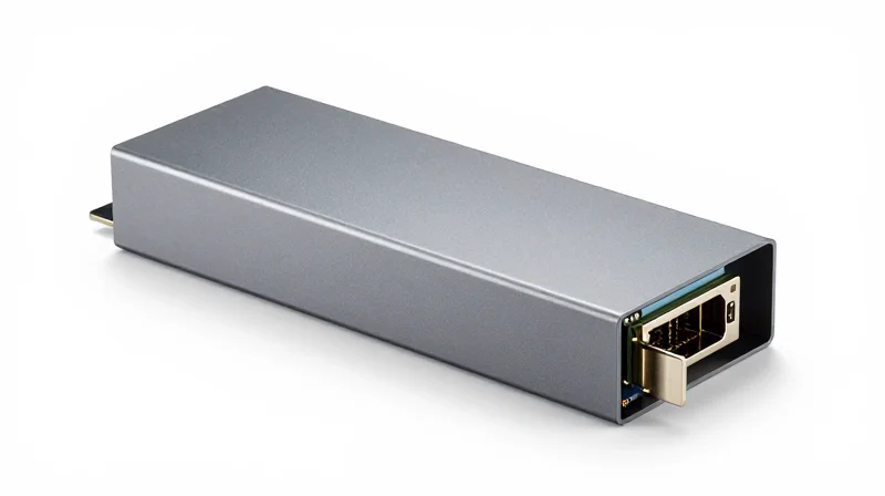 Close-up of a high-speed 800G optical transceiver module with metallic finish.