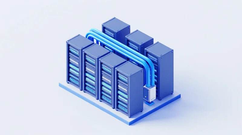 Isometric 3D diagram of a high-density data center rack with liquid cooling pipes and thermal management components.