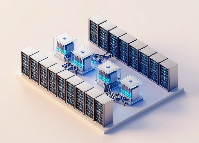 An isometric 3D illustration of a modern AI data center infrastructure featuring modular server racks and glowing blue data connection lines.