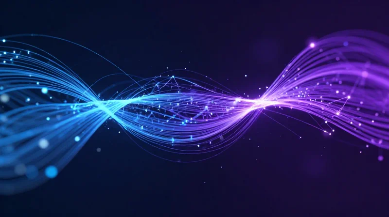 Abstract digital landscape representing 800G data flow with glowing fiber optics.