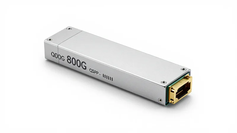 High-resolution product shot of a metallic QSFP-DD800 optical module.