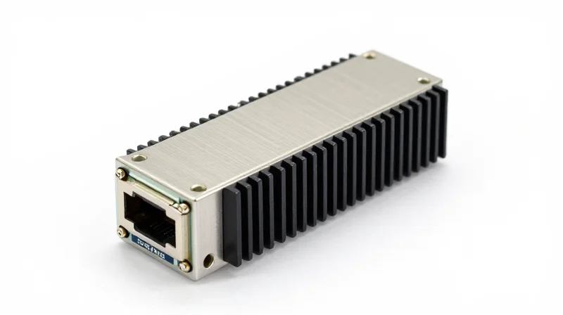 Detailed view of an OSFP800 module featuring its prominent integrated heat sink.