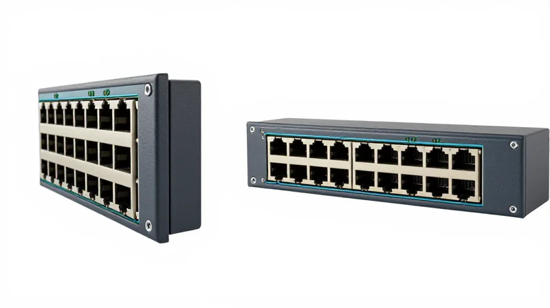 Comparison of two different high-speed networking faceplate designs on a switch.