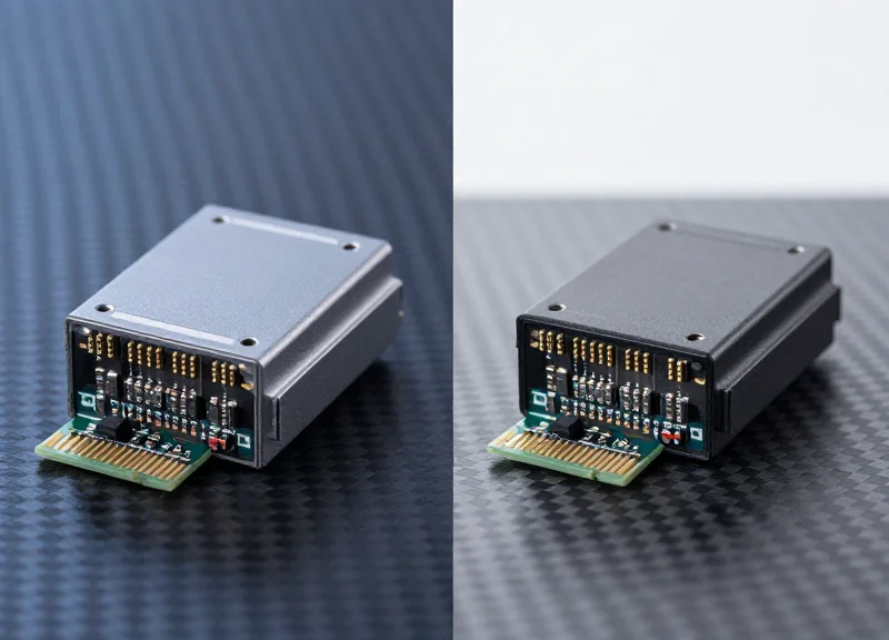A side-by-side professional studio comparison of two high-speed optical transceiver modules, highlighting their distinct hardware form factors and metallic heat sink designs.