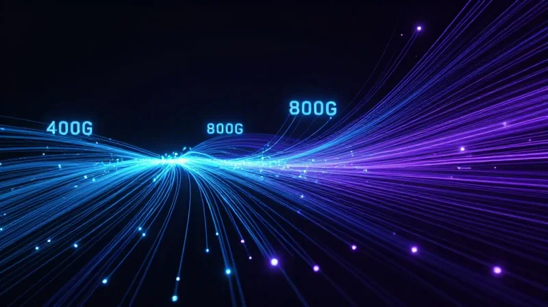 The Evolution of 800G: Understanding the Form Factor War Abstract data visualization showing high-speed light trails representing 800G bandwidth evolution.