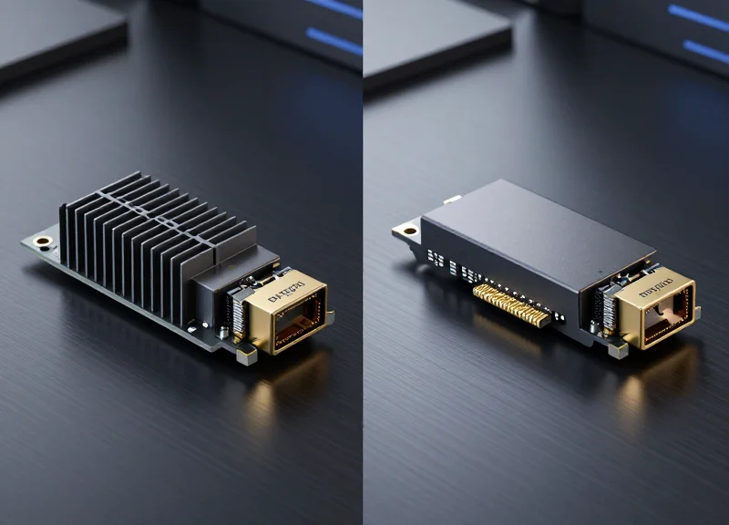 A side-by-side comparison of two different high-speed optical transceiver modules, highlighting their unique heat sink designs and metallic textures in a professional studio setting.