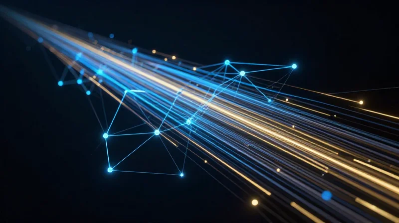 Abstract technology landscape with glowing data streams and network nodes representing the 800G era.