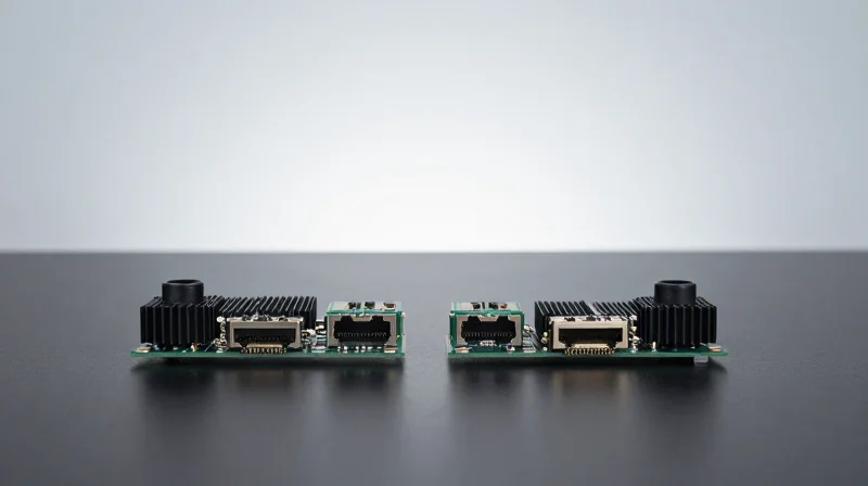 Side-by-side comparison of two high-performance network transceiver modules on a clean metallic surface.