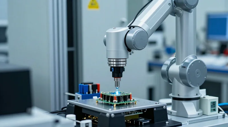 Photorealistic close-up of a high-tech automated quality testing process in a cleanroom environment.