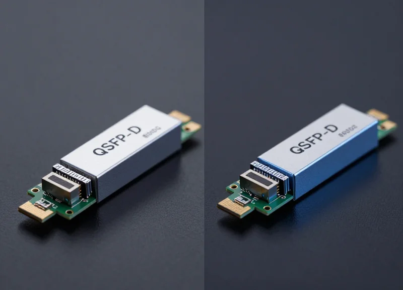 Side-by-side comparison of two high-speed 800G optical transceiver modules, highlighting the different form factors on a sleek dark surface with professional lighting.
