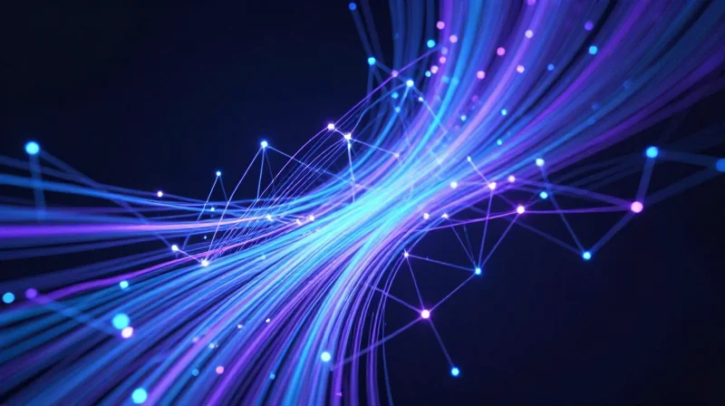Abstract visualization of 800G high-speed data connectivity with glowing fiber optic streams.
